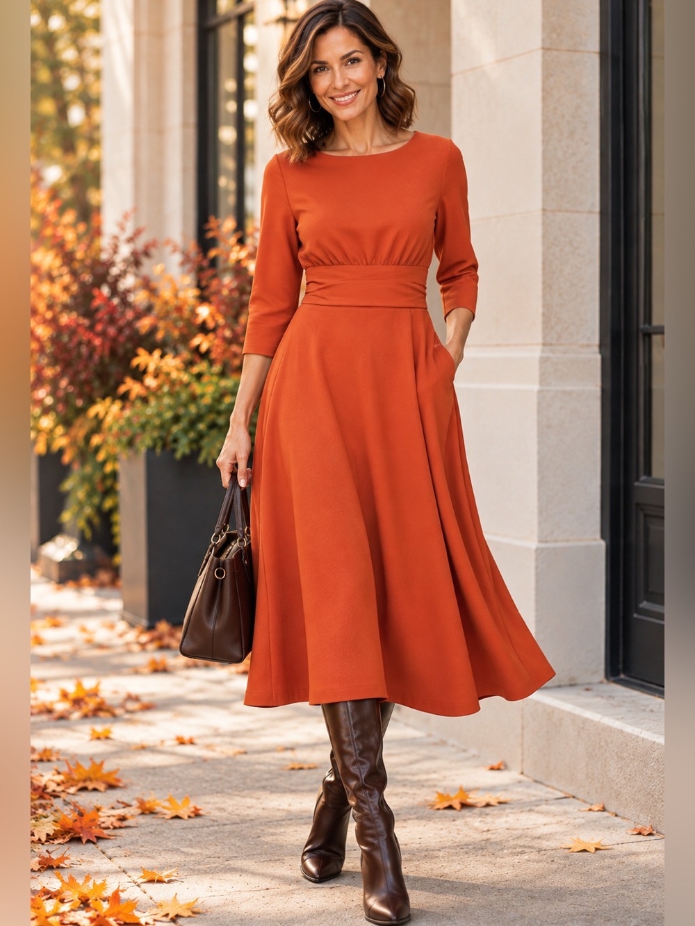 Julia Jordan Terracotta Orange 3/4 Sleeve Belted Midi Dress Size 6